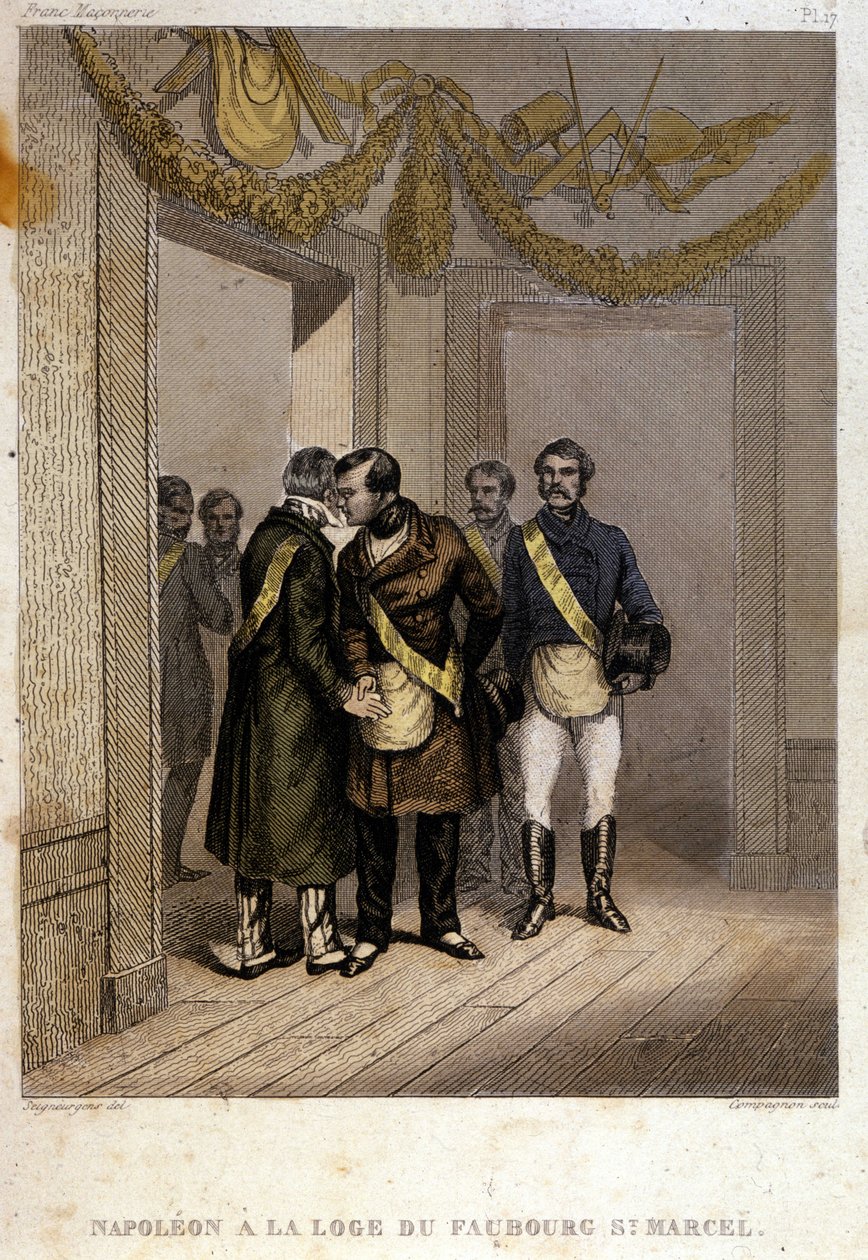 Freemaking: Napoleon Joseph Charles Paul Bonaparte, med tilnavnet Prins Jerome eller Plonplon, identificeres ved indgangen til Faubourg Saint Marcel-templet. Gravering fra "" maleriske Histoire de la Franc Maconnerie et des Societes Secretes Antique af French School