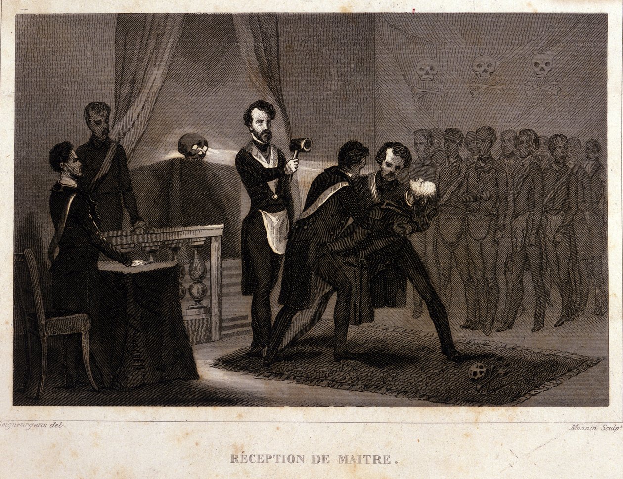 Frimageri: modtagelse og indvielsesritual for mesteren. Stik fra "Picturesque Histoire de la Franc Maconnerie et des Societes Secretes antique et modernes" af F.-T. B. Clavel. Pagnerre, redaktør. 1843. af French School