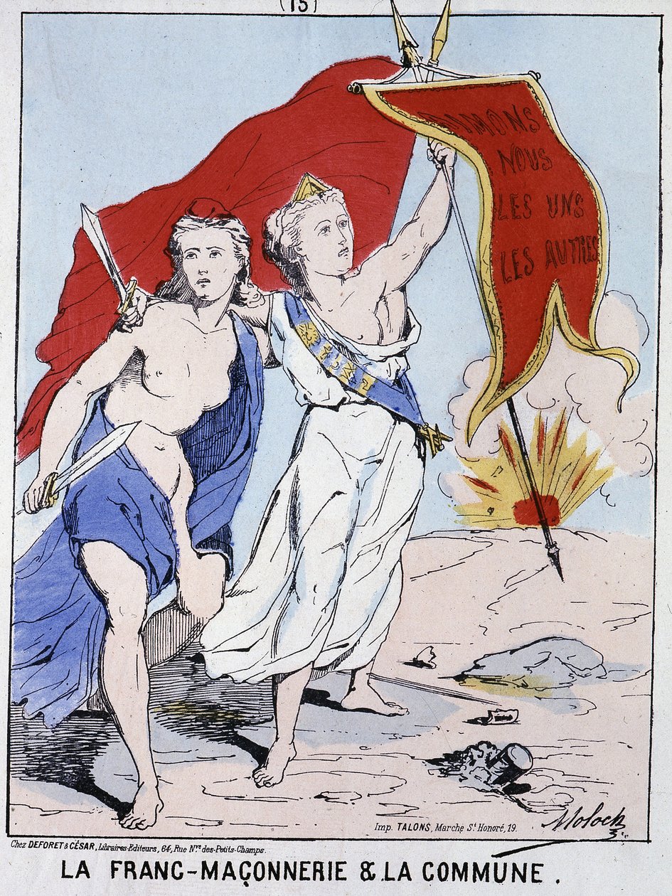 Frimureriet og kommunen: en kvinde, der symboliserer frimureriet, viftede med et flag med inskriptionen "Lad os elske hinanden"" af French School