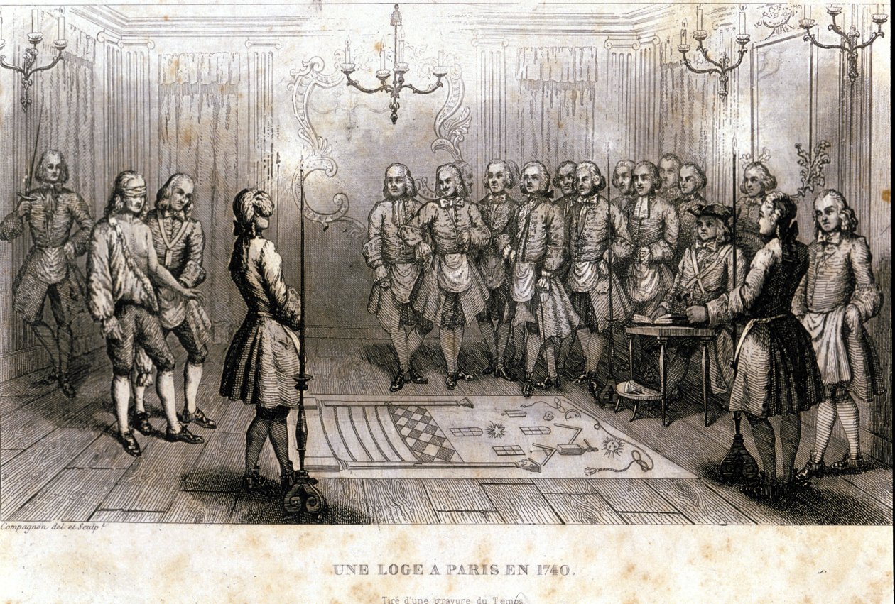 Frimureriet: hemmeligt møde i en loge i Paris i 1740. Indstik fra ""Picturesque History of Freemasonry and Ancient and Modern Secret Societies" af F.-T. B. Clavel. Pagnere, redaktør. 1843. af French School