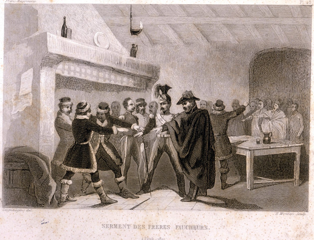 Frimureriet: brødrenes mejeres ed i Potok i 1821. Stik fra "" Malerisk Histoire de la Franc Maconnerie et des Societes Secretes antique et moderne" af F.-T. B. Clavel. Pagnere, redaktør. 1843. af French School