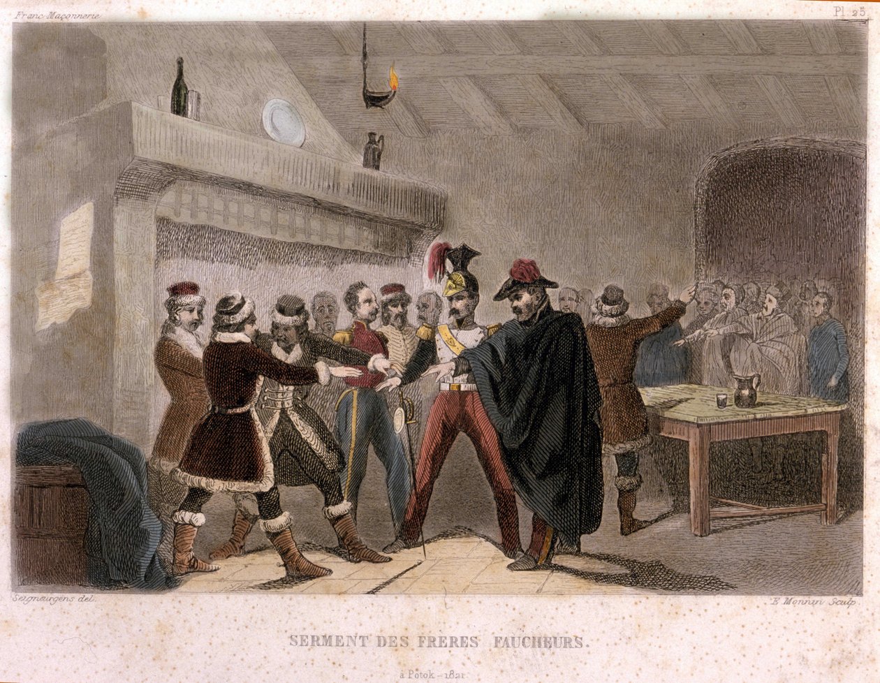 Frimureriet: brødrenes mejeres ed i Potok i 1821. Stik fra "" Malerisk Histoire de la Franc Maconnerie et des Societes Secretes antique et moderne" af F.-T. B. Clavel. Pagnere, redaktør. 1843. af French School