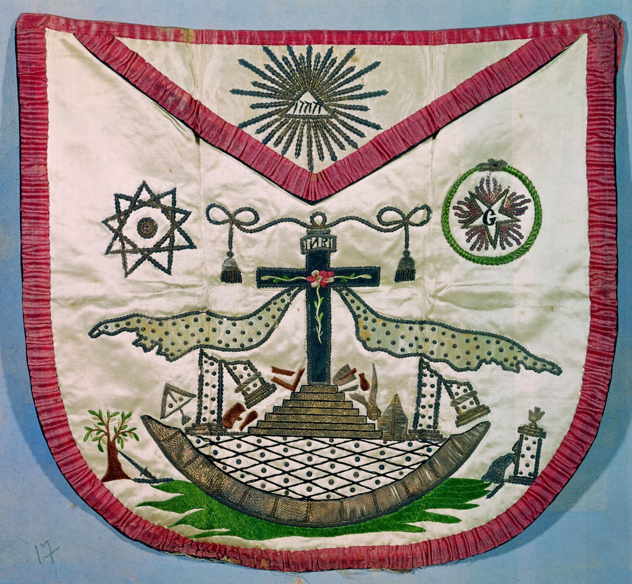 Frimurerforklæde med frimurer- og rosenkorssymboler (broderet silke) af French School
