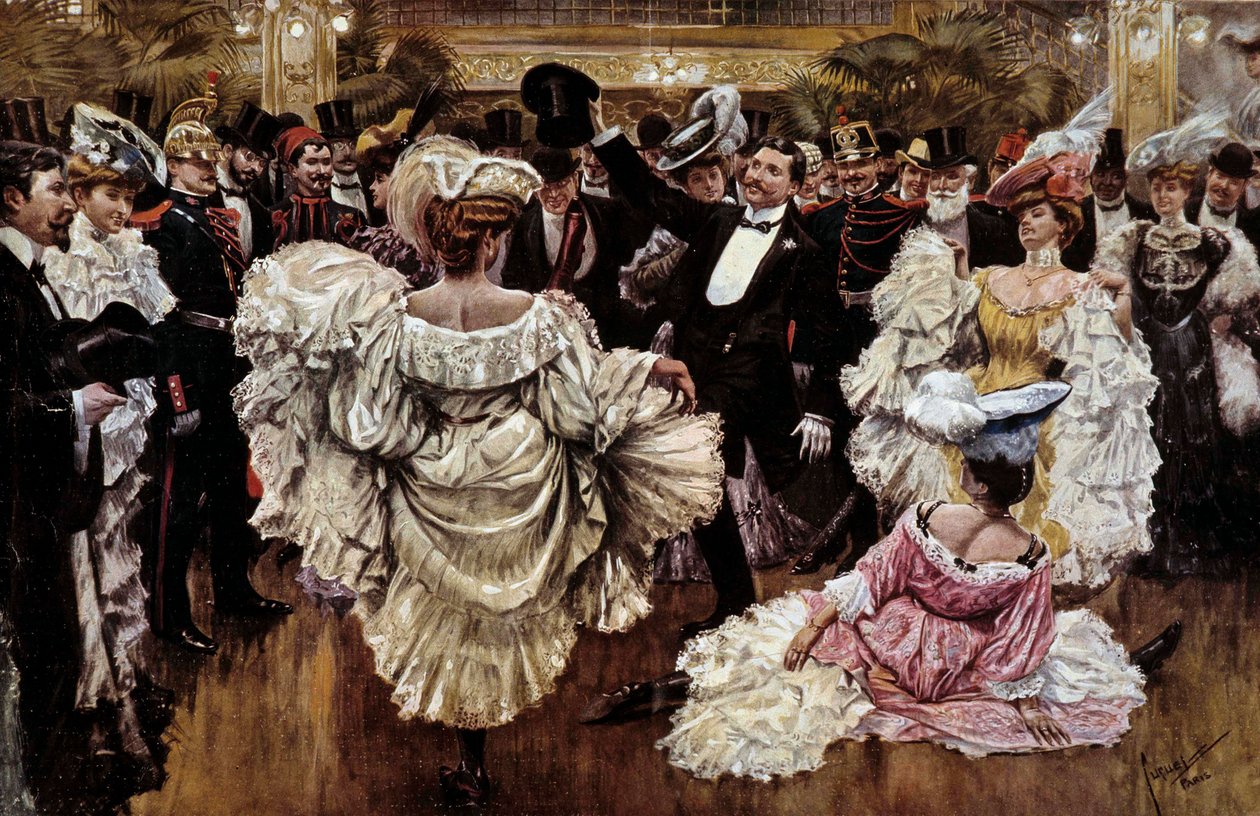 Franske Cancan-dansere under et show i en kabaret, begyndelsen af det 20. århundrede (print) af French School