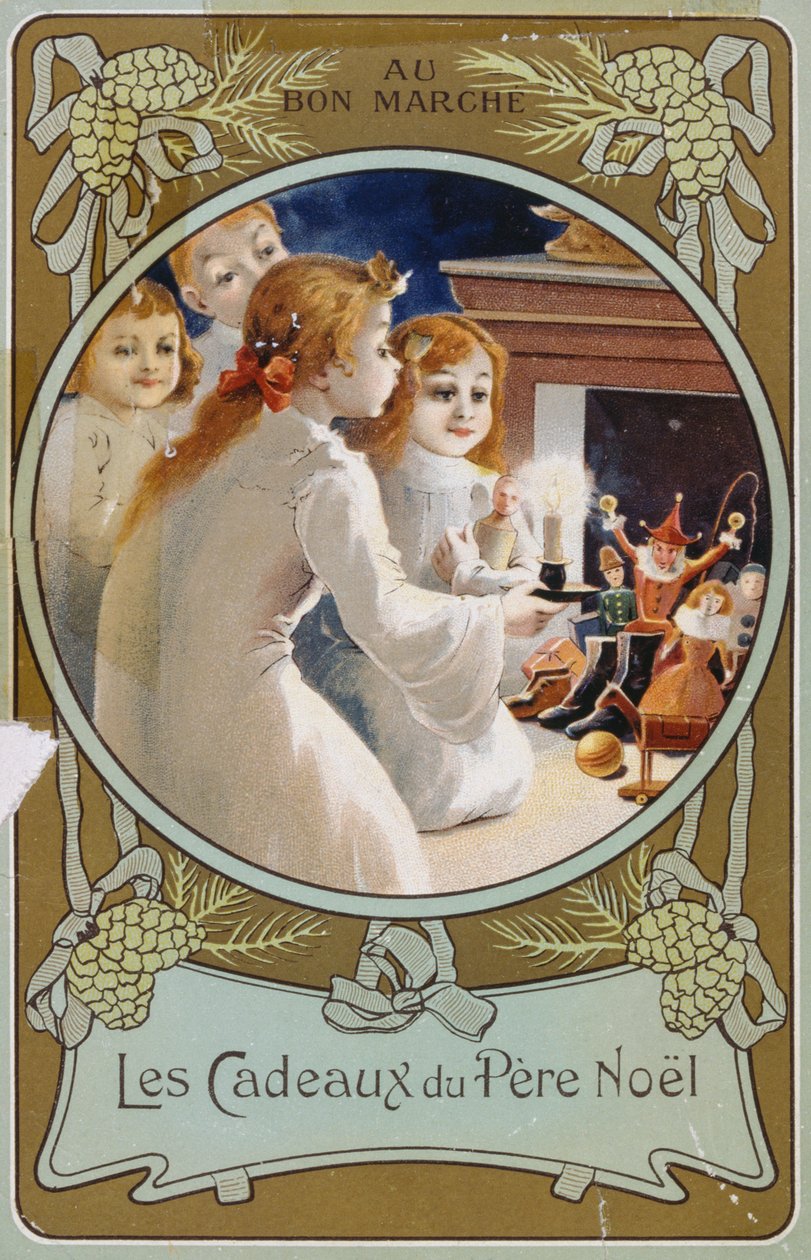 Fransk julekort med piger med et stearinlys juleaften af French School