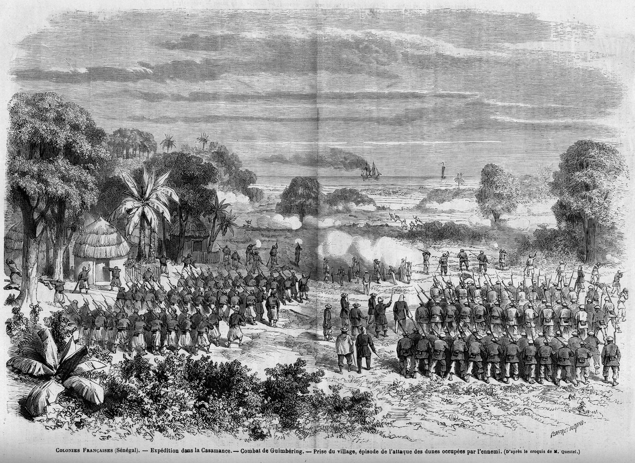 Franske kolonier (Senegal) 1865: Ekspedition i Casamance. Slaget ved Guimbering, Erobringen af landsbyen, episode af angrebet på klitterne besat af fjenden. af French School