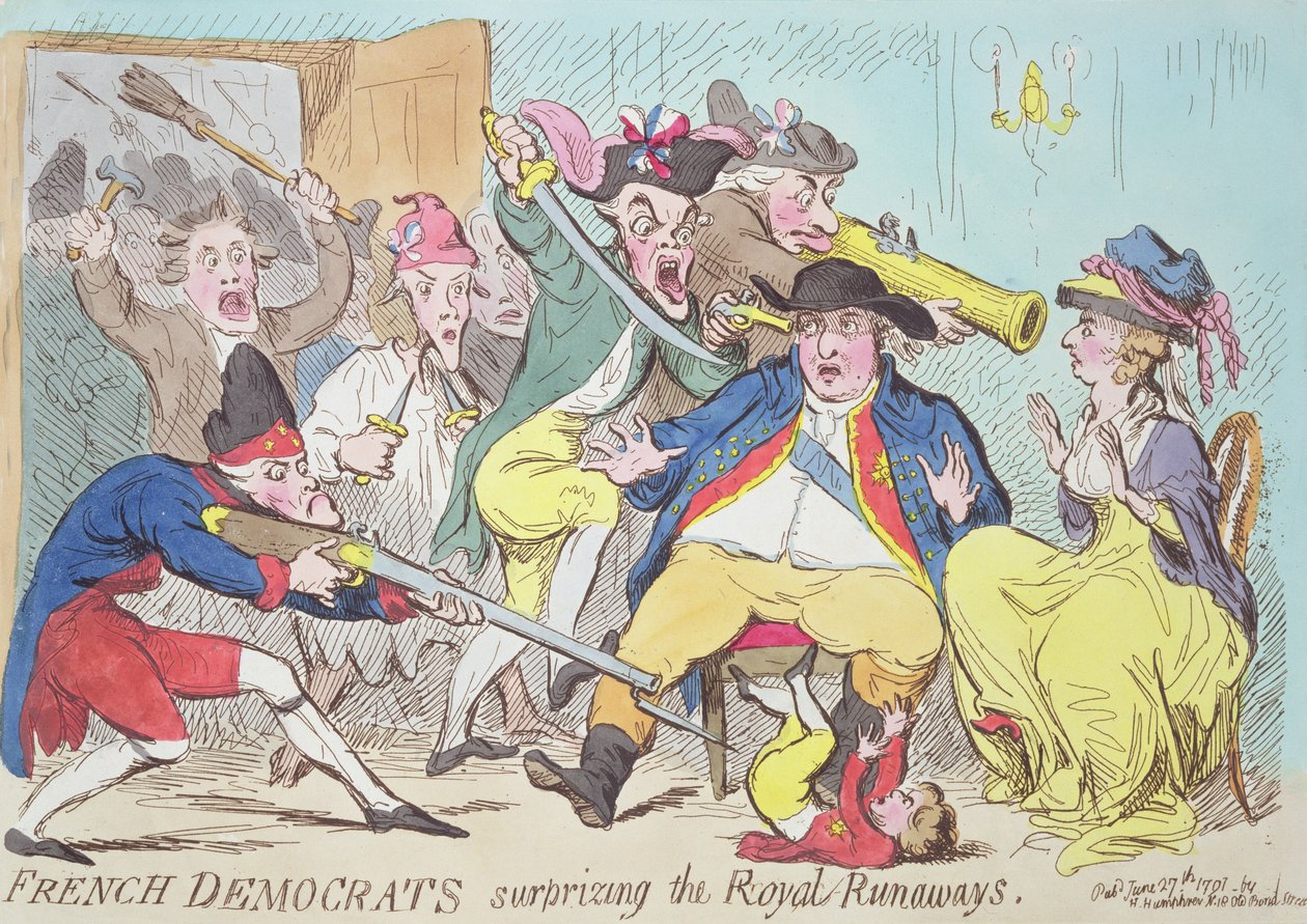 French Democrats Surprising the Royal Runaways, 1794 (farvegravering) af French School