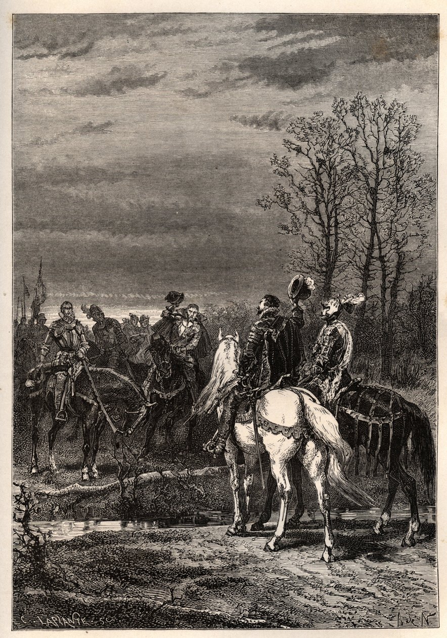 Franske religionskrige - oktober 1569 Religionskrig - Samtalerne forud for slaget ved Moncontour (Henri, hertug af Anjou fremtidige Henrik III og Gaspard II af Coligny - Slaget ved Moncontour (oktober 1569) - gravering fra "" Frankrigs historie fortalt til af French School
