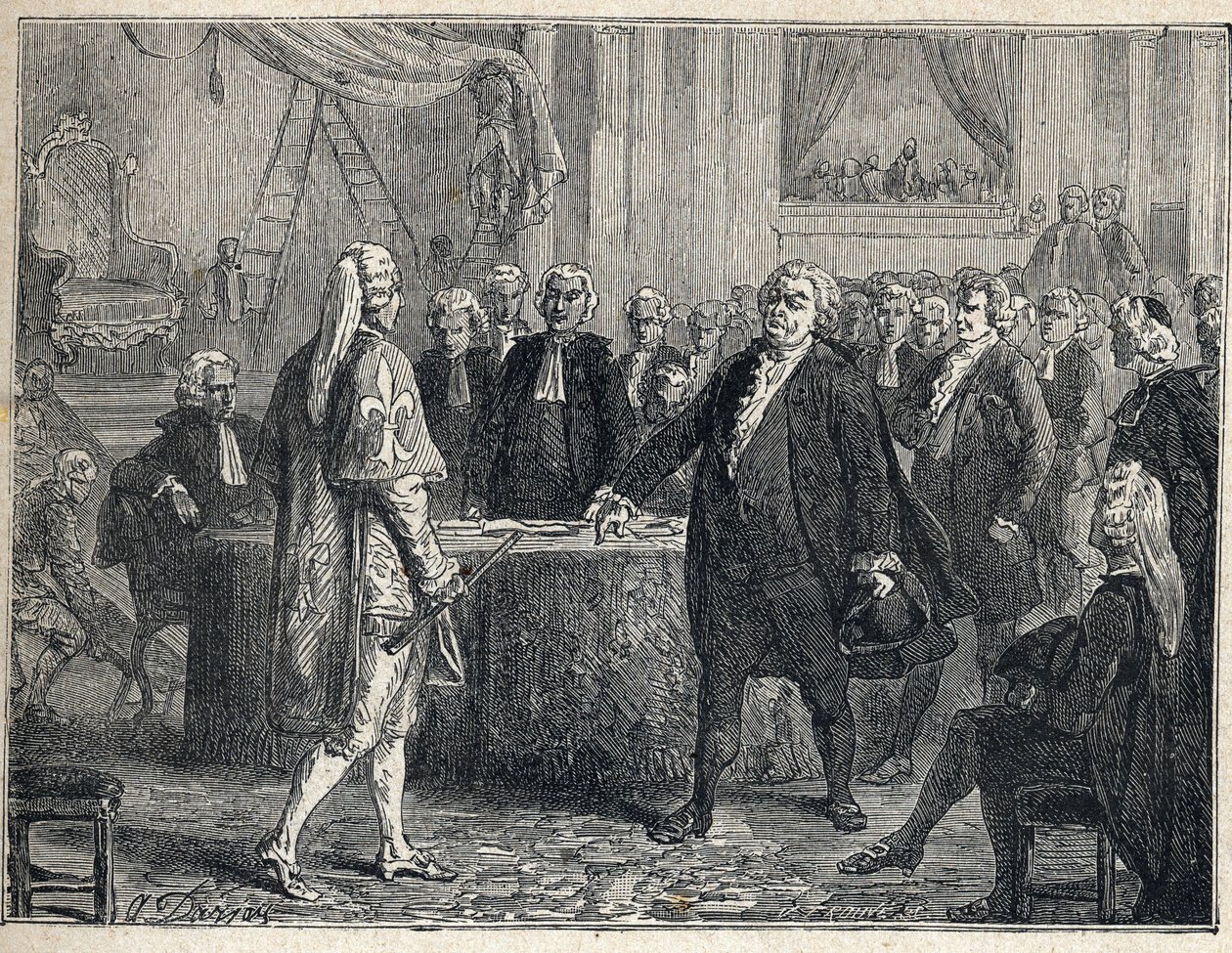 Fransk revolution - Generalforsamling den 23/06/1789: Honore Gabriel (Honore-Gabriel) Riqueti, greve af Mirabeau (1749-1791) henvender sig til Henri Evrard (Henri-Evrard), markis af Dreux Breze (Dreux-Breze) (1762- 1829). Stik fra 1889. Privat samling. af French School