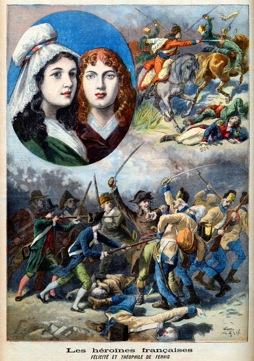 Fransk revolution - De franske heltinder: søstrene Felicite (1770-1841) og Theophile (1875-1819) af Fernig, der kæmpede udklædt som en mand mod østrigerne for at se deres far i 1792 - illustration fra "Le Petit Journal" af 7. august 1894 af French School