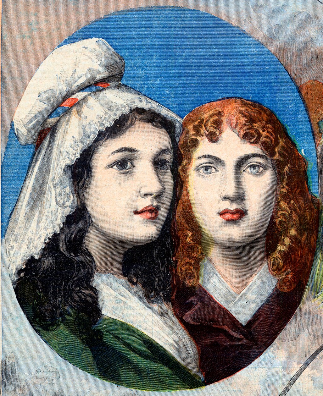 Fransk revolution - De franske heltinder: søstrene Felicite (1770-1841) og Theophile (1875-1819) af Fernig, der kæmpede udklædt som en mand mod østrigerne for at se deres far i 1792 - illustration fra "Le Petit Journal" af 7. august 1894 af French School