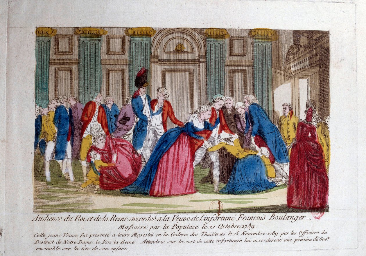 Fransk revolution: "" Publikum af Louis XVI og Marie Antoinette den 15/11/1789 givet til enken efter Francois Boulanger massakren af befolkningen den 21/10/1789"" Indgravering af det 18. århundrede. Paris, Arsenals bibliotek af French School
