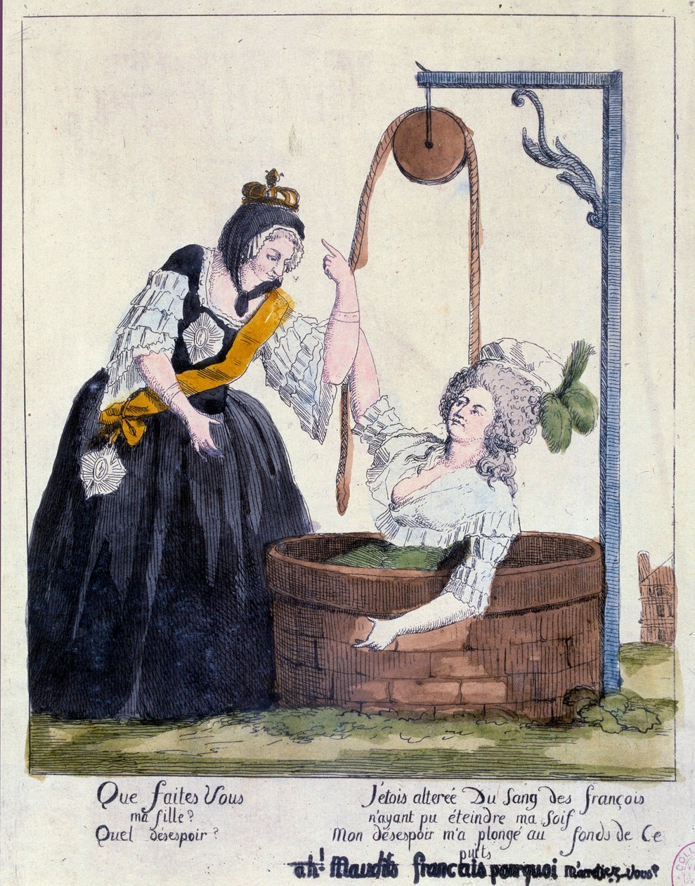 Fransk revolution: Tegnefilm mod dronning Marie Antoinette (1755-1793) faldt til bunden af en brønd for at ville slukke sin tørst efter fransk blod. 1700-tallet. Paris, B.N. af French School