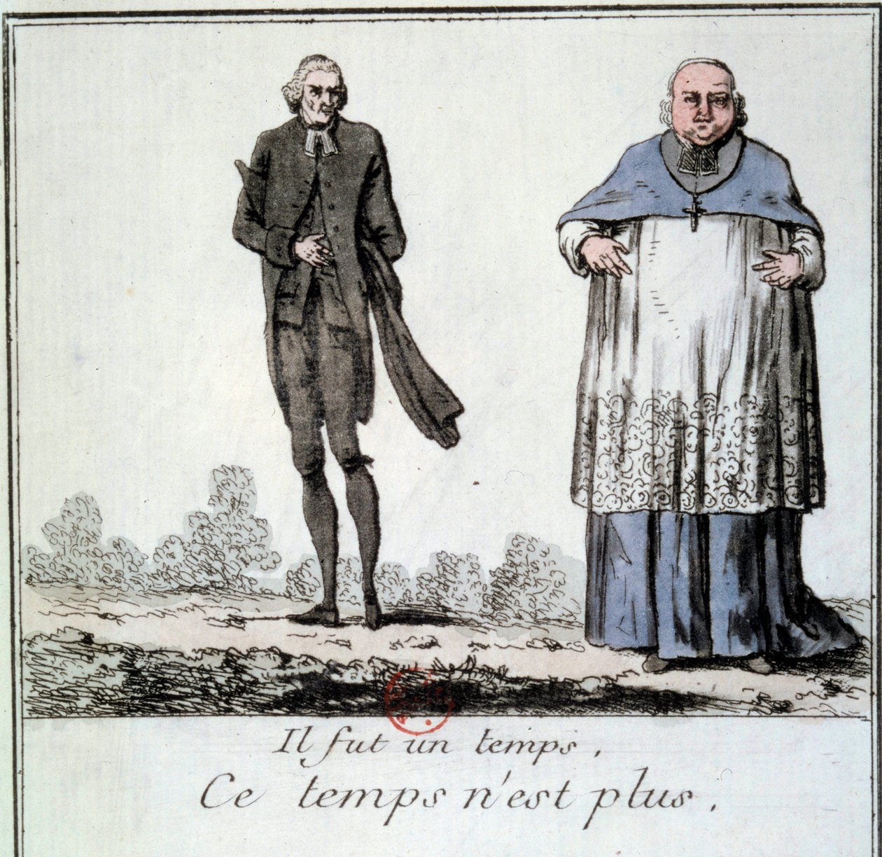 Den Franske Revolution: Tegneserie om forsvinden af kontoristens privilegier, der repræsenterer en mager præst og en korpulent og fed eveque fra det gamle regimes tid. Stik fra 1790. Paris, Arsenals bibliotek af French School