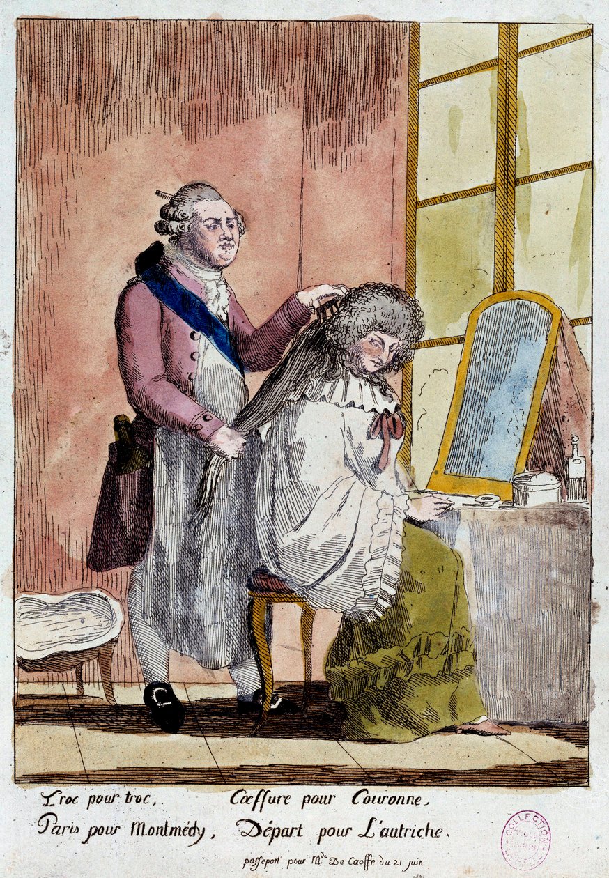 Den franske revolution: Tegneserie om den kongelige families flugt til Varenne den 20. og 21. juni 1791: Kong Ludvig XVI, der styler dronning Marie Antoinette, skulle rejse med et falsk pas som guvernante for baronessen af Korffs børn. Anonym farve af French School