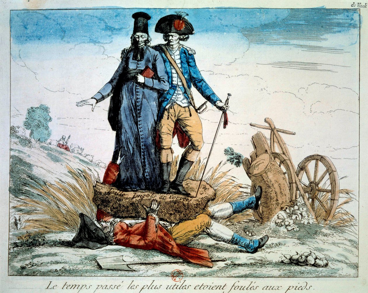 Den Franske Revolution: Tegneserie på de tre ordrer: "" tiden går det mest nyttige var folkemængderne ved foden. Præsteskabet og adelen (armee) knuser den tredje stat under vægten af skatter og korveer. 1789 Paris, Musee Carnavalet af French School