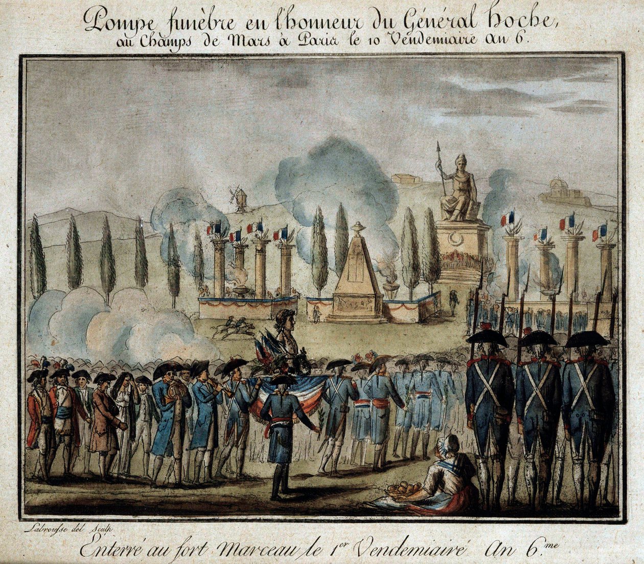Fransk revolution: "" Ceremoni for funebre pumpe til ære for general Lazare Hoche (1768-1797) på Champs de Mars i Paris den 10. fredag år 6"" Indgravering af 1797. Versailles, Lambinet museum af French School