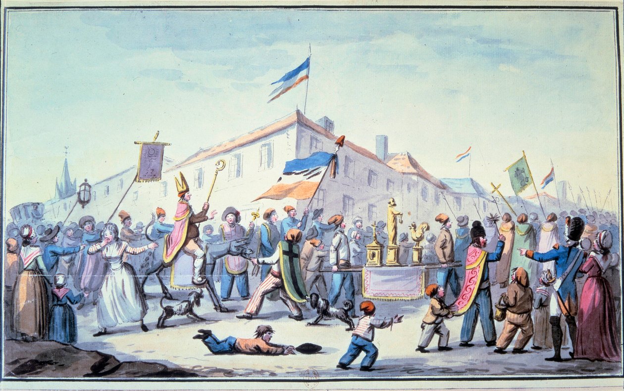 Fransk revolution: “” dannede maskerade af folk kjoler i præstestøj ””. Anonym akvarel. 1793. Paris, Library of L