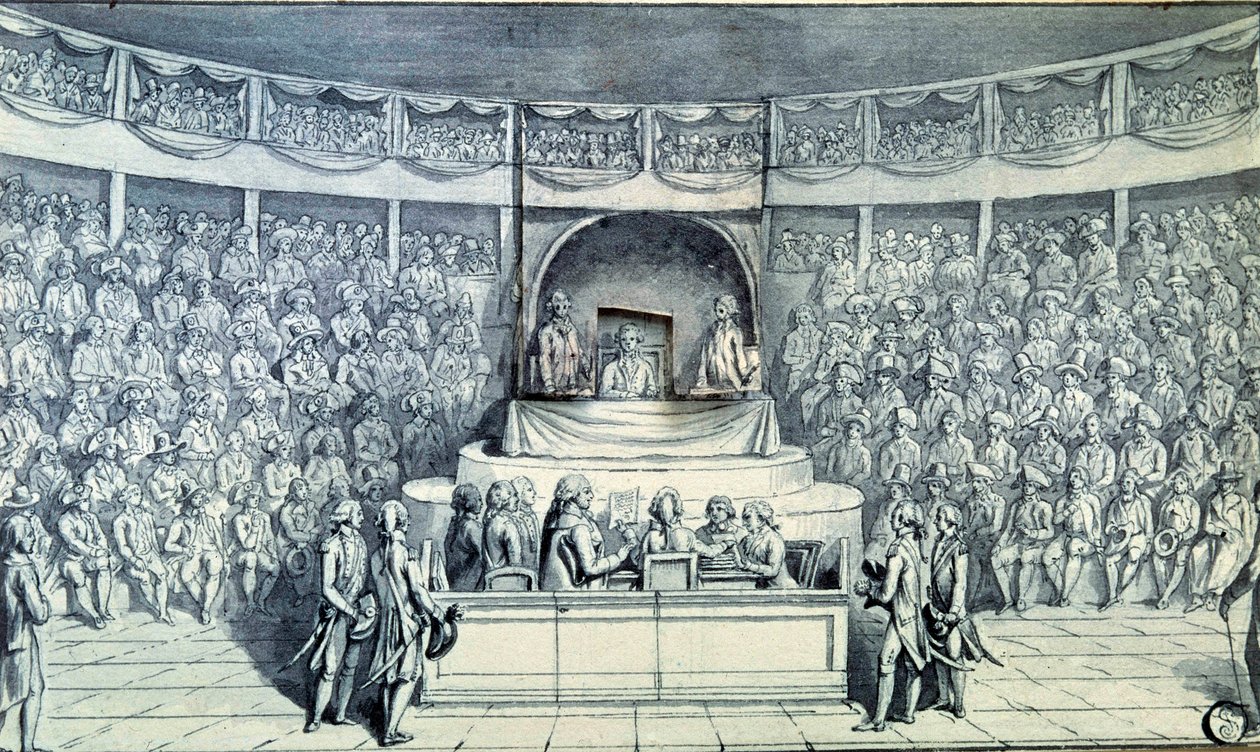 Den Franske Revolution: Kong Ludvig XVI (1754-1793) ved roret bliver afhørt af Antoine Barnave (1761-1793) under hans retssag for det nationale konvent, som vil afgøre hans dødsdom den 21/01/1793. Anonym tegning omkring 1793. Paris, Louvre Museu af French School