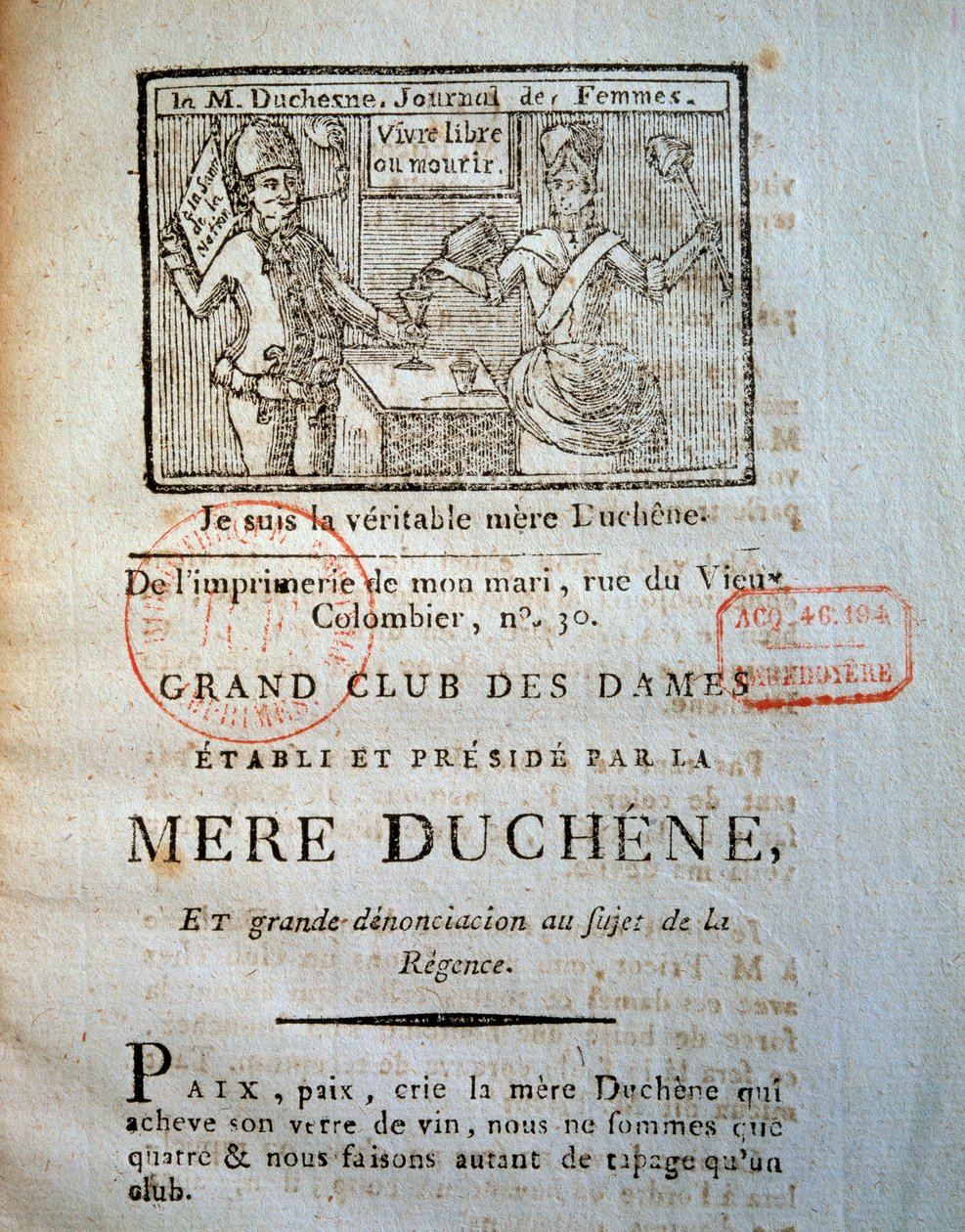 Den franske revolution: En af kvindernes dagbøger i La mere Duchene (eller Duchesne, kvindelig ækvivalent til "Le pere Duchesne"): "Grand club des femmes, etableret og ledet af Mere Duchene, og stor fordømmelse om regence." 1790 Paris, B.N. af French School