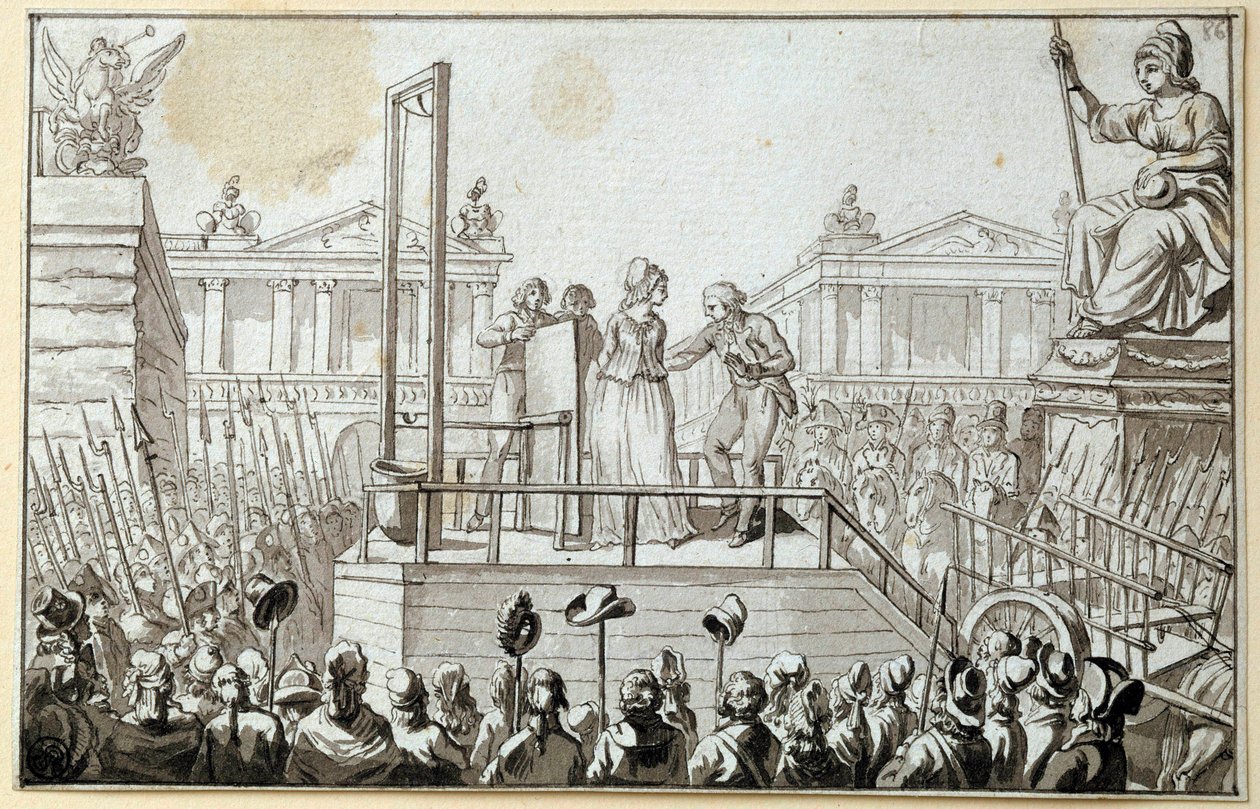 Den franske revolution: "Dronning Marie-Antoinette (1755-1793) på skafottet i oktober 1793" Tegning med anonymt sort blæk. 1793 sol. 0,096x0,15 m. Paris, Louvre Museum af French School
