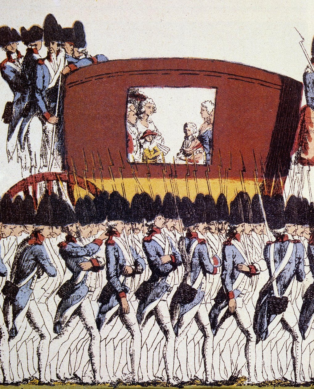 Fransk Revolution: Kongefamiliens tilbagevenden til Paris den 25. juni 1791 efter arrestationen i Varennes den 20. og 21. juni 1791. Eau-forte coloriee anonym 1791 søn. 23,2x34,6 Paris, Musee Carnavalet. af French School