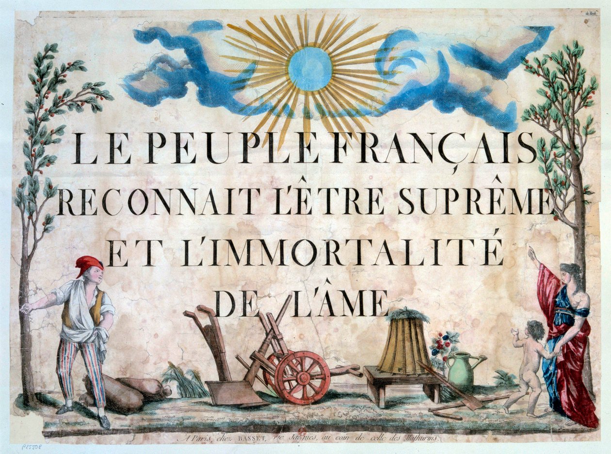 Fransk revolution: "Det franske folk anerkender det højeste væsen og sjælens udødelige." Un sans-panlotte, un arbre de la Liberte, des outils agricoles. 1794. Paris. Arsenals bibliotek af French School