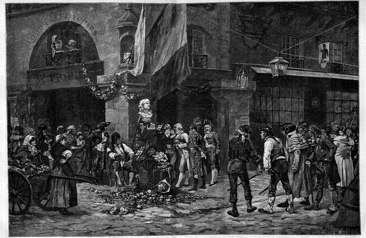Fransk revolution: "Bysten af Marat ved Halles søjle"". Som hyldest til Jean Paul Marat (1743-1793) blev hans buste placeret efter hans død i Halles de Paris. Gravering efter et maleri af Georges Jules Auguste Cain (1856-1919) i "" The Il af French School