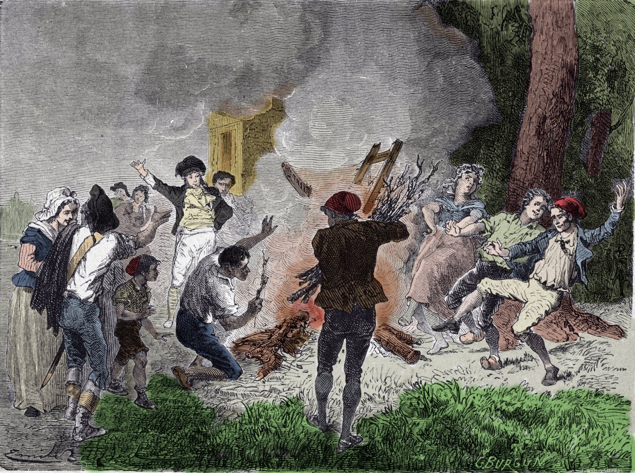 Fransk revolution: "" Folket brændte Claude Chappes telegraf, i parken Saint-Fargeau i Menilamount, i september 1792, og troede, at det var et apparat beregnet til at kommunikere med den kongelige familie, der var låst inde i templets fængsel"" "Gravering af French School
