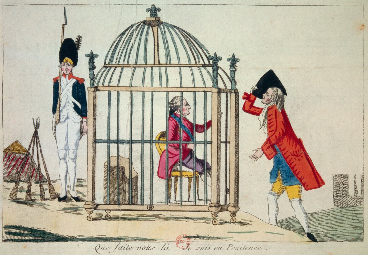 Fransk revolution: "Hvad gør du, jeg er i anger" kong Ludvig XVI (1754-1793) repræsenterer i et bur på tærsklen til sin flugt til Varennes i juni 1791. Satirisk gravering Paris, Library of the Arsenal af French School