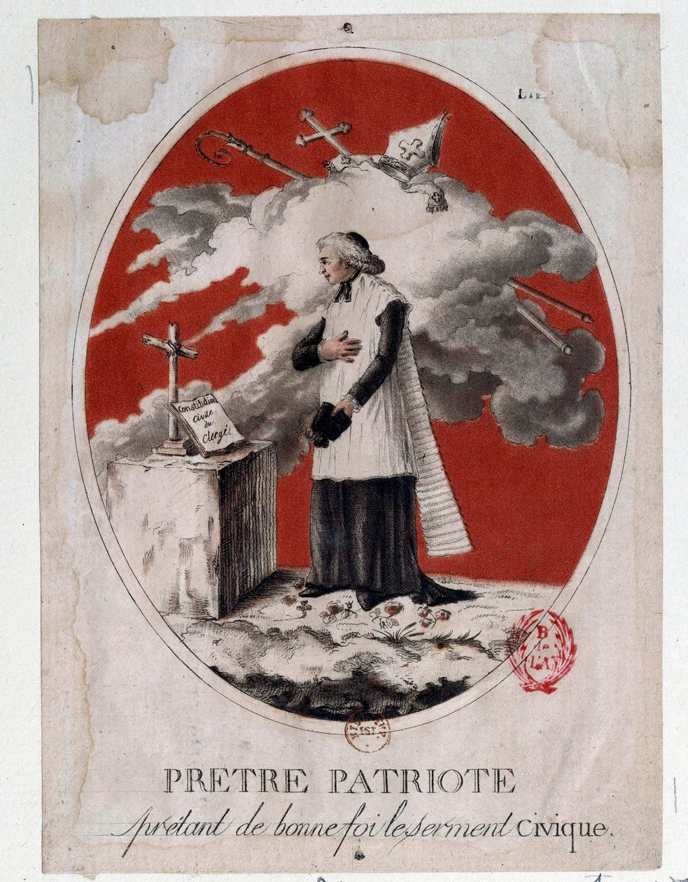 Den franske revolution: en patriotpræst, der aflagde den borgerlige ed i god tro. Stik af det 18. århundrede. Paris, Arsenals bibliotek af French School