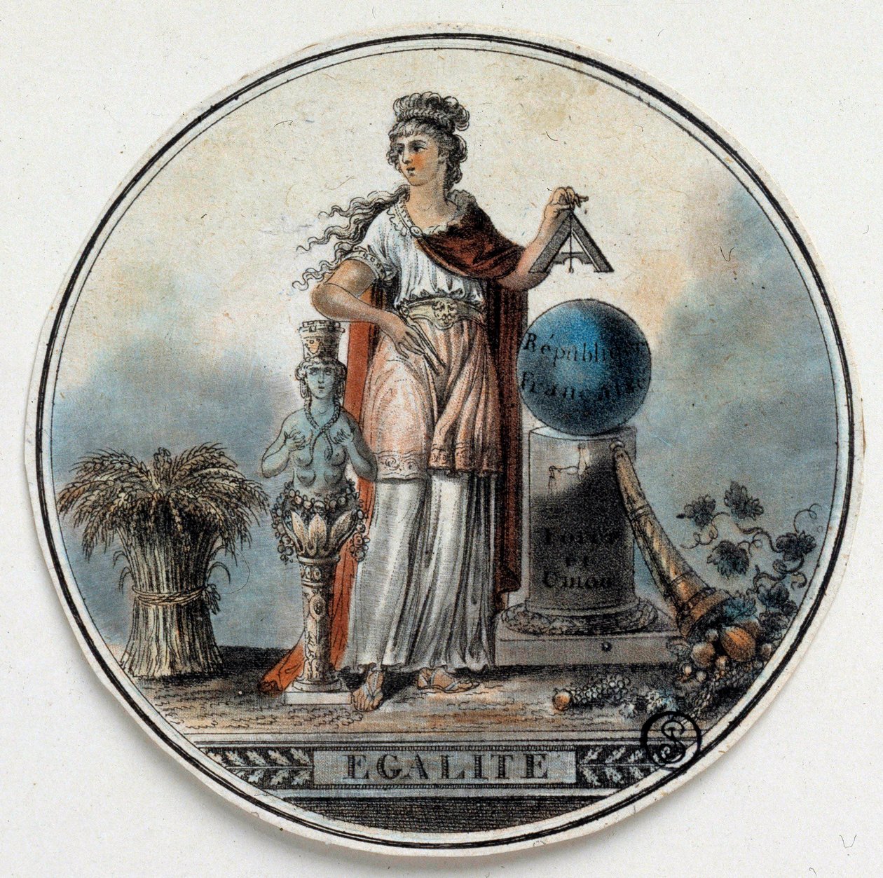 Fransk revolution: allegori om Egalite som en kvinde, der holder en plads nær den franske republik, et horn af overflod. I slutningen af det 18. århundrede Paris, B.N. af French School