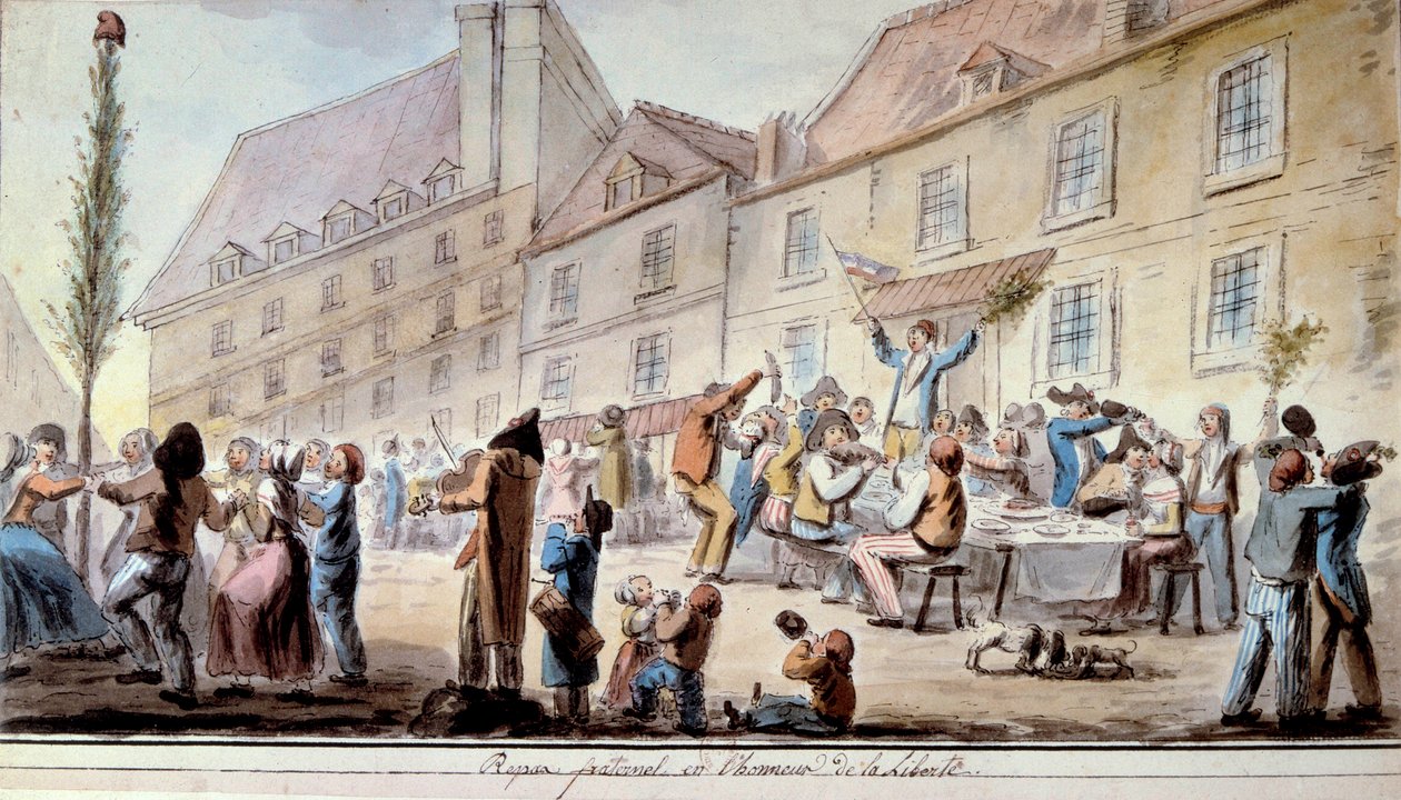 Franske revolution: broderligt måltid til ære for friheden i juni 1793. Patrioter og parisere fejrer Liberte. Mottoet "Liberte, egalite, broderskab"" dukkede op for første gang i denne periode. Akvarel fra 1793. Paris, Arsenals bibliotek af French School
