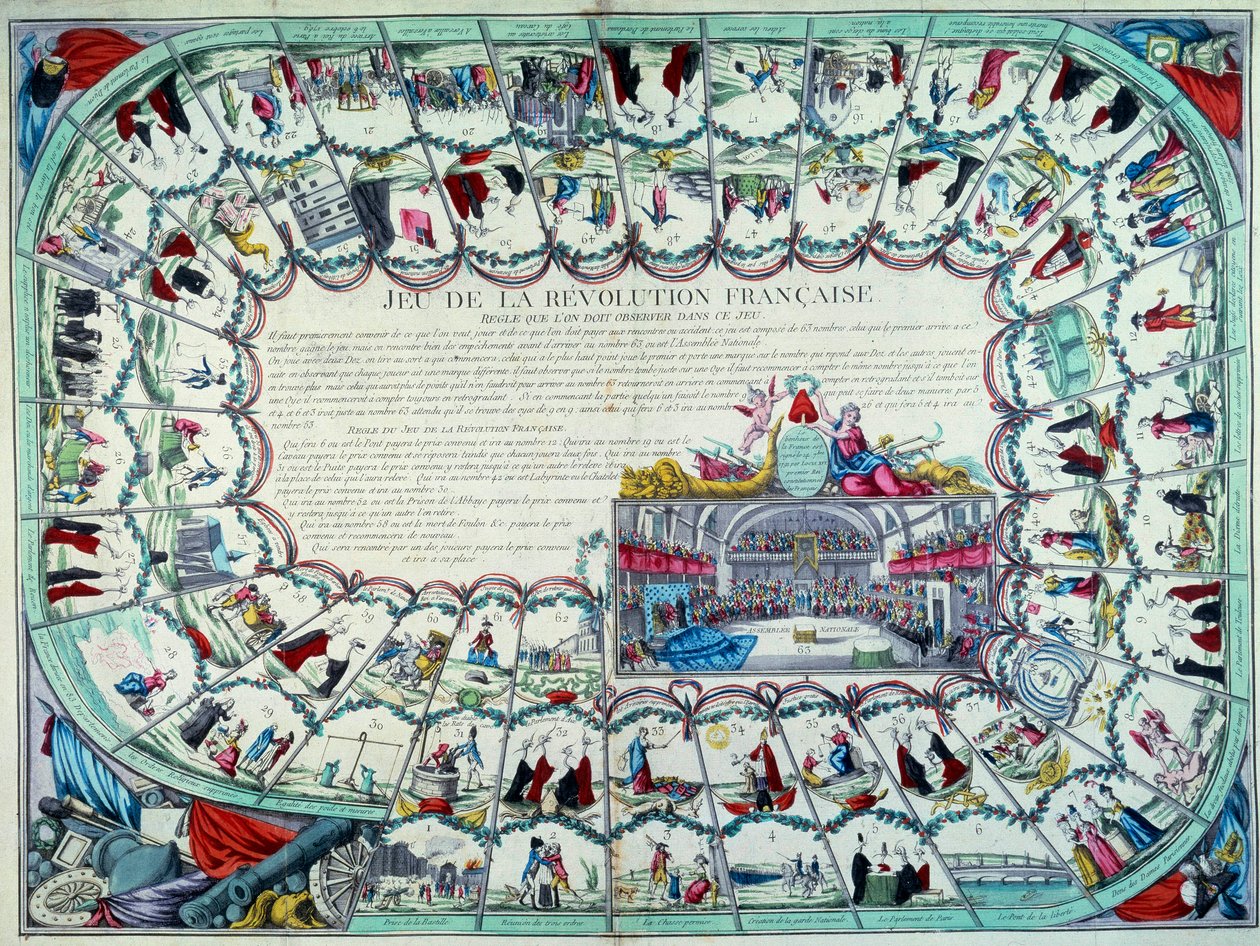 Ranskan vallankumous: hanhipeli, joka esittelee vallankumouksen tärkeimmät vaiheet ja näkymän kansalliskokoukseen. 1700-luvun loppu. Paris, B.N. af French School