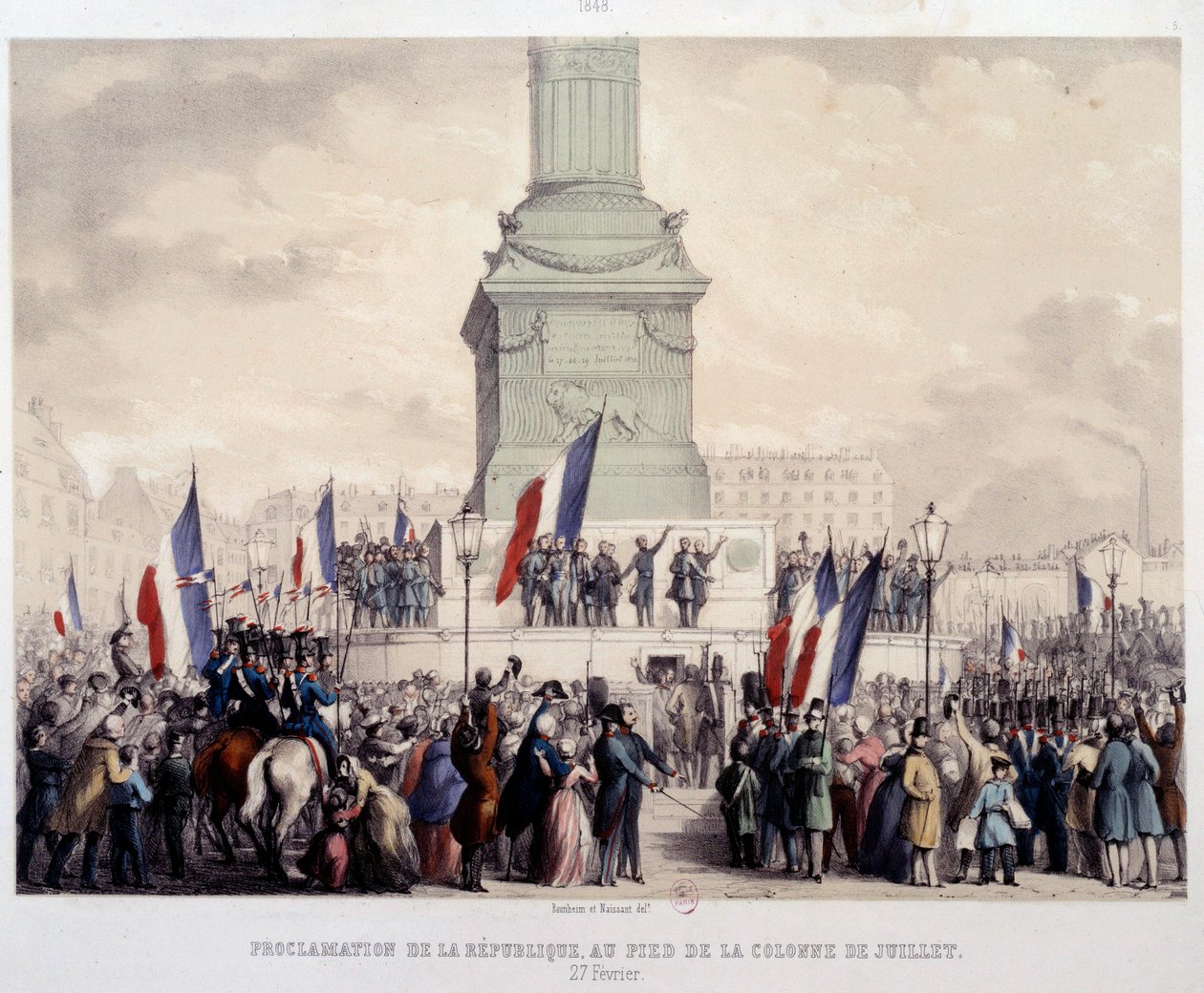 Den franske revolution i 1848: Proklamation af den anden republik ved foden af juli-søjlen på Place de la Bastille den 25/02/1848. Litografi fra det 19. århundrede. Paris, Musee Carnavalet af French School