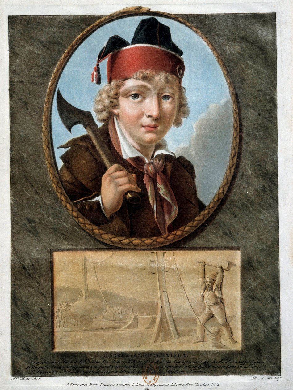 Fransk revolution: portræt af den unge Joseph Agricol Viala (1780-1793), som deltog i Marseille-opstanden i 1793. Han er repræsenteret nedenunder ved at skære kabler over pontonen de la Durance for at stoppe royalisternes passage. 18. århundrede af French School