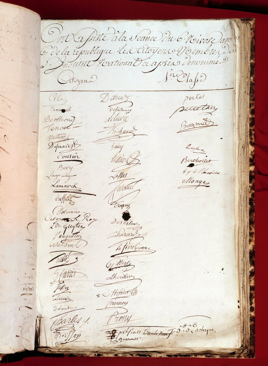Franske revolution: ark med et tilstedeværelsesregister af 26/12/1797 (6 nivose år VI) med underskrifter fra personer, der deltog i et nationalt institut. Paris, Videnskabsakademiet af French School