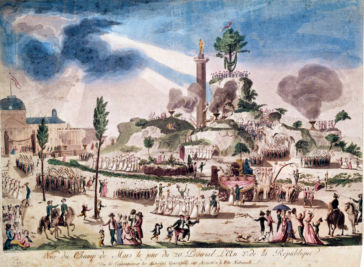 Den Franske Revolution: Det Højeste Væsens Fest på Champs de Mars den 8/06/1794 (20 Prairial An II). Anonym gravering af det 18. århundrede. af French School