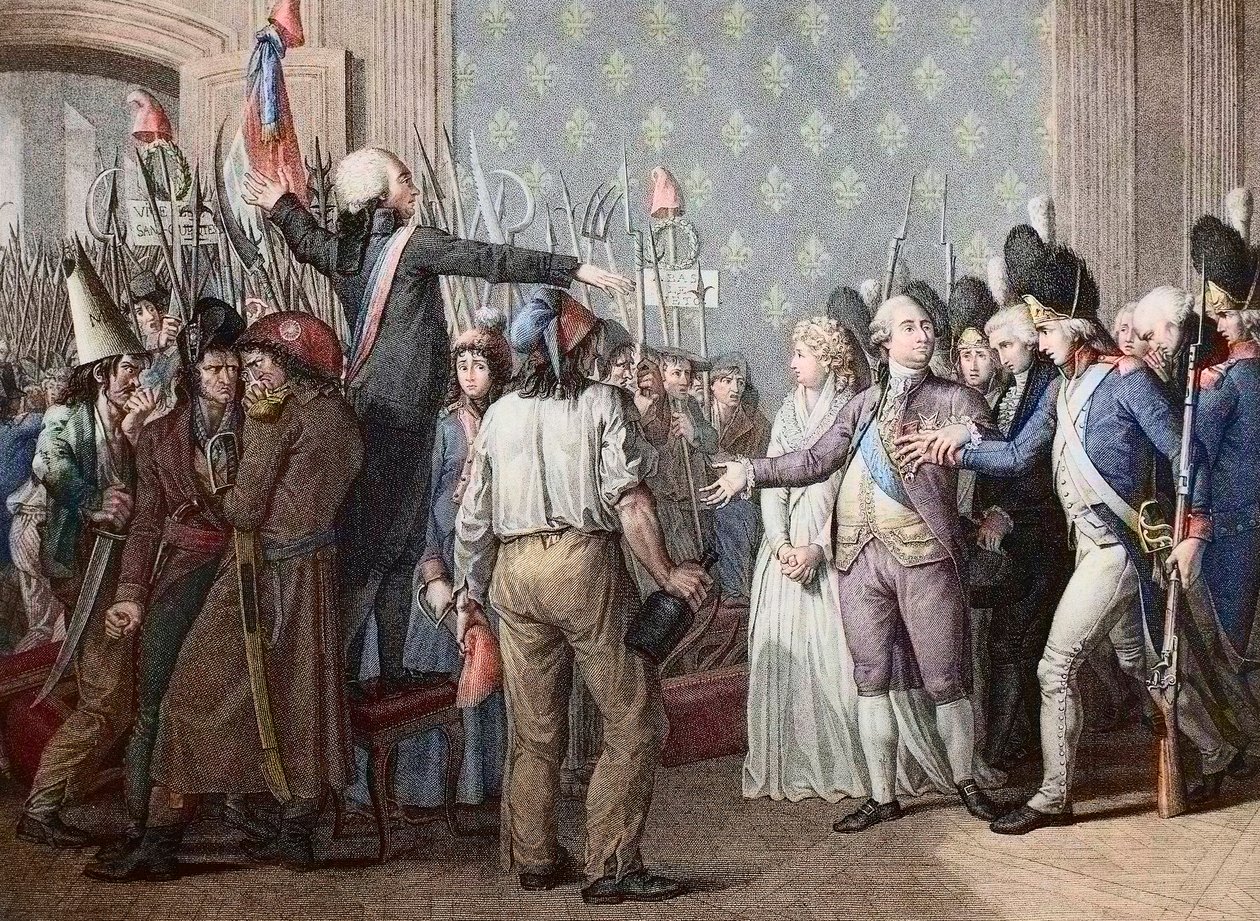 Fransk Revolution: Marchen på Tuilerierne, 20. juni 1792 - Fransk Revolution - Angreb på Palais des Tuileries, 20. juni 1792 - Dagen den 20. juni 1792 ved Chateau des Tuileries. Kong Ludvig XVI præsenterer sig for folket og opvarmer den røde ca af French School