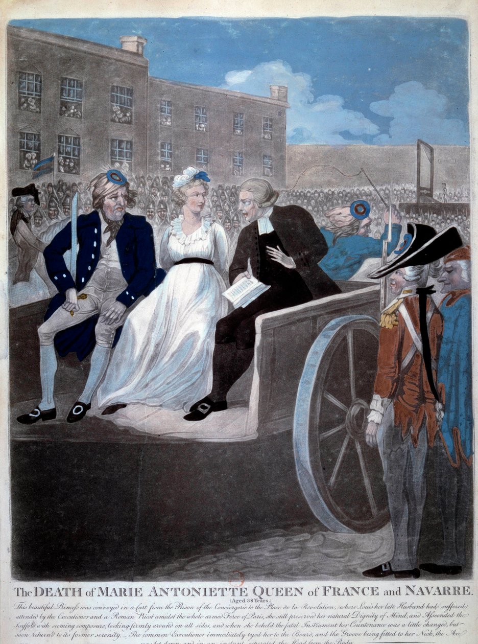 Den franske revolution: "Frankrigs dronning Marie Antoinette (1755-1793) føres til guillotinen". Kobberstik fra 1793. Paris, Arsenalets bibliotek af French School