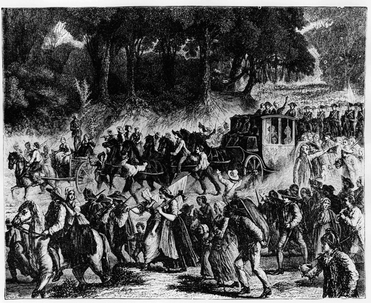 Den franske revolution: ankomsten af den kongelige familie (Louis XVI og Marie Antoinette) i Paris, 5. oktober 1789 - gravering. af French School
