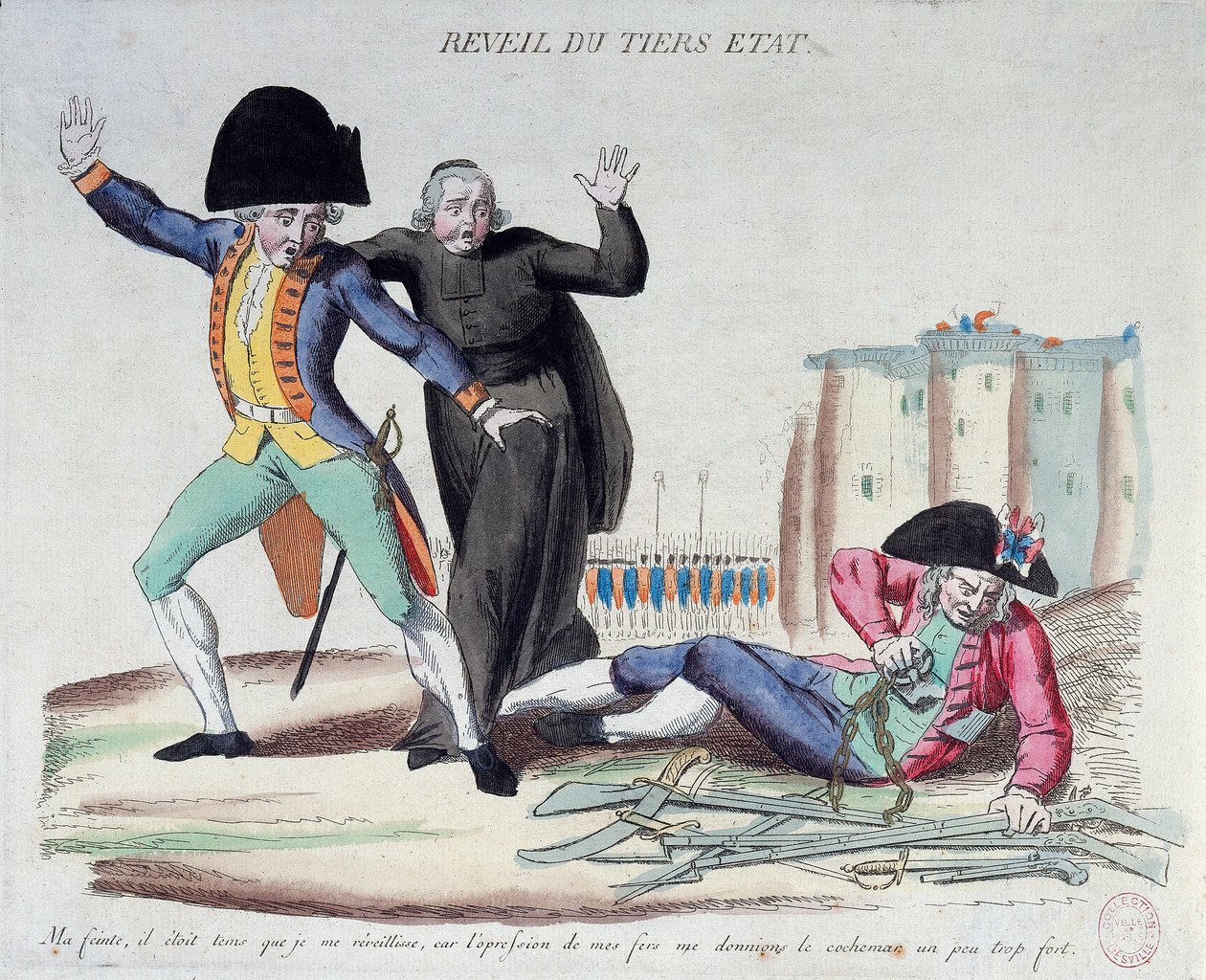 Den franske revolution: opvågningen af den tredje stat (Third State). Tegneserie om de tre ordener. Han befriede sig selv fra sine lænker under hærens og præsternes skræmte øjne. Fransk tryk fra 1789. Paris, B.N. af French School