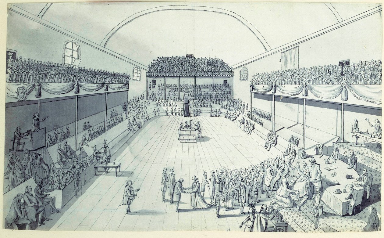Fransk revolution: fødslen af forfatningen i september 1791 omfordøjet af Guy Jean-Baptiste Target (1733-1807) i Jeu de Paume-værelset i Versailles, hvor deputerede havde aflagt en ed den 20/06/1789. Anonym tegning omkring 1791. Paris, Lou af French School