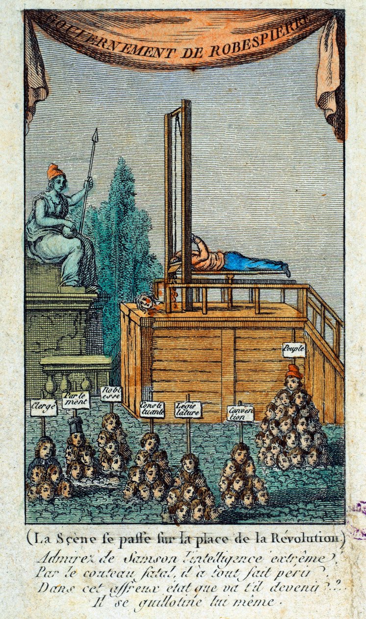 French Revolution: “” the executioner guillotining himself ”” Satire against Maximilien Robespierredani af French School