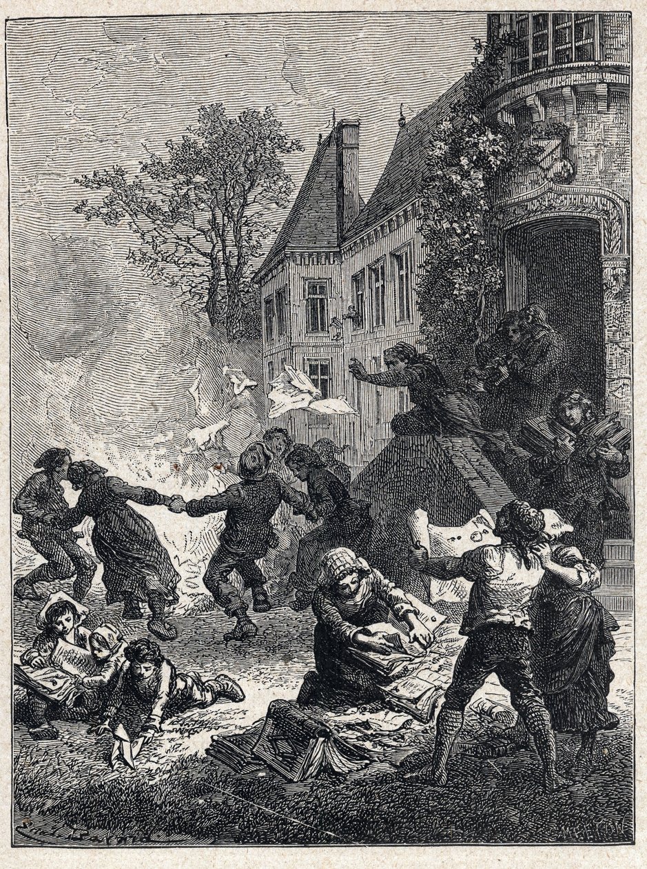 Fransk revolution: bønderne brændte deres feodale titler og dansede rundt om bålet for at fejre afskaffelsen af privilegier i august 1789. Indgravering fra 1889. Privat samling. af French School