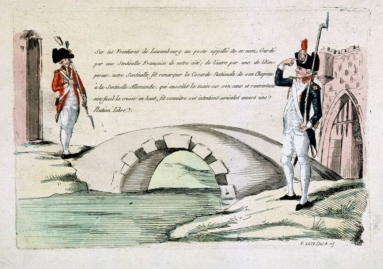 Franske og luxembourgske toldere hilser venskabeligt på hinanden (spørgsmålet om grænser under revolutionen), slutningen af 1700-tallet af French School