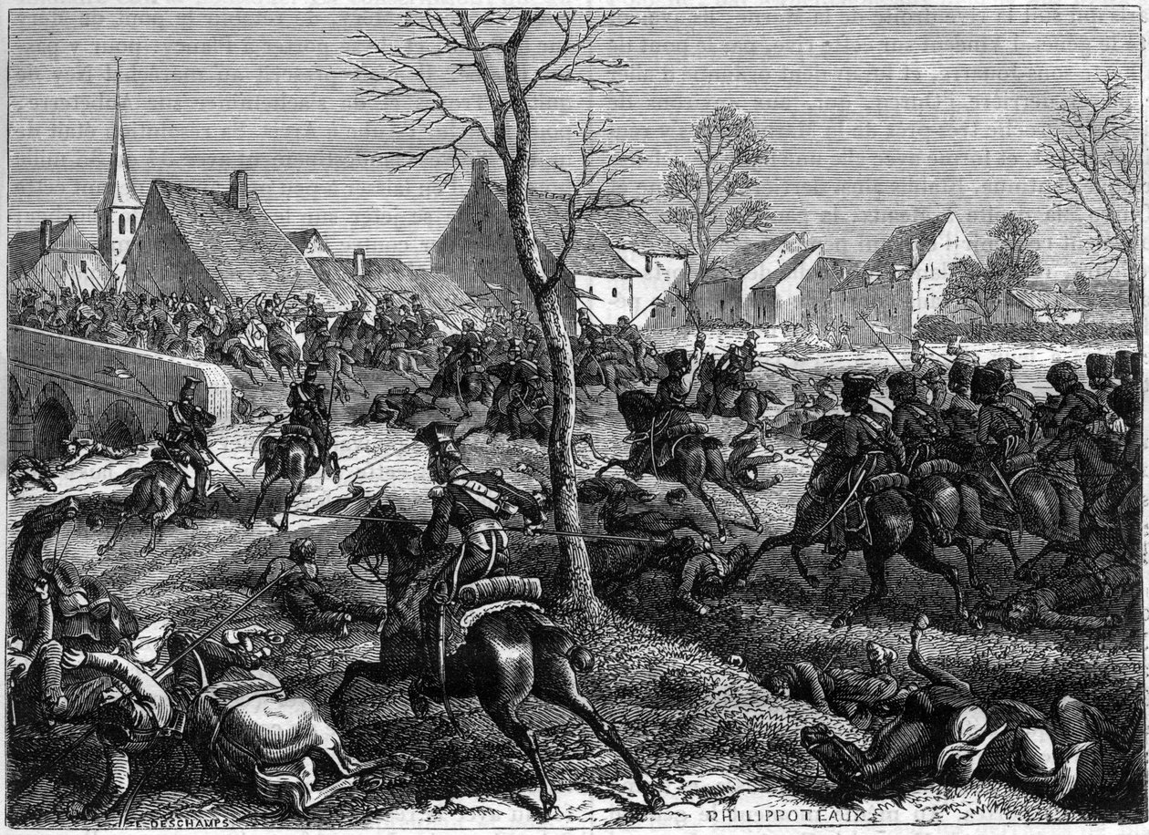 Franske og polske tropper erobrer broen over Berryau-Bac (Aisne), marts 1814 - Campagne de France (1814) - General Nansouty, med vagtens kavaleri og general Pacs polakker, indtager broen over Berryau Bac - i " Historien om imperiet efter af French School