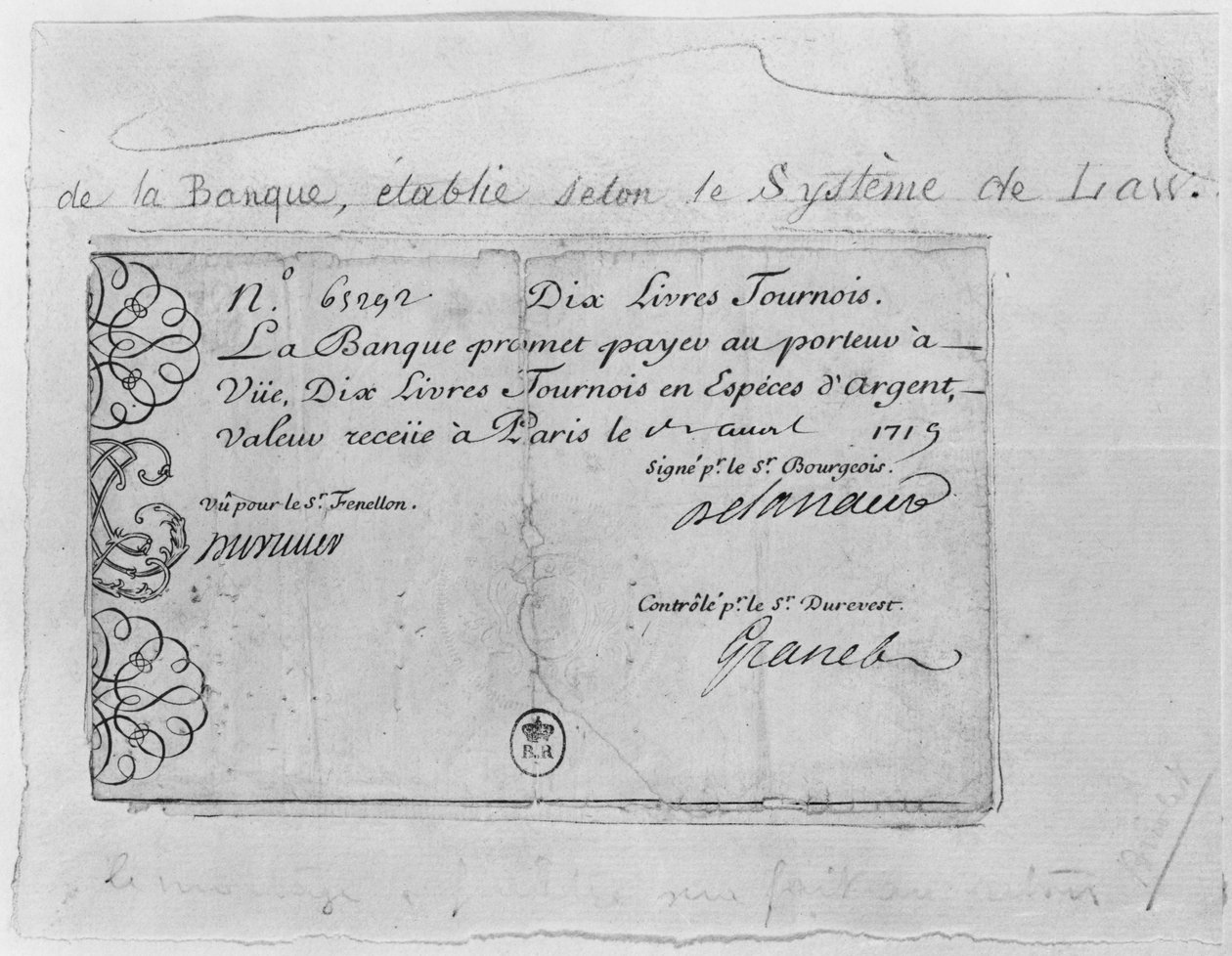 Fransk pengeseddel på ti pund fra Law Bank, dateret 1. april 1719 af French School