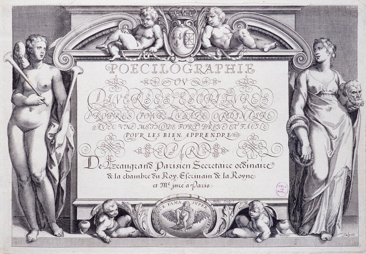 Fransk kalligrafi: Poecilografi, frontispice, af Baptiste de Beaugrand i 1606. af French School