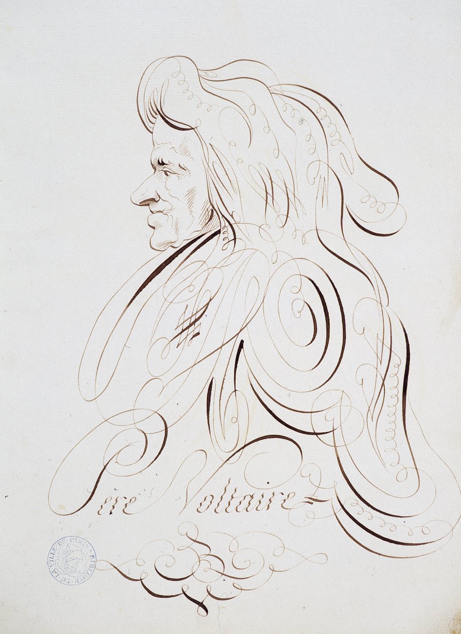 Fransk kalligrafi: Portræt af Fader Voltaire af Bernard de Paris omkring 1780. Historisk bibliotek i byen Paris. af French School